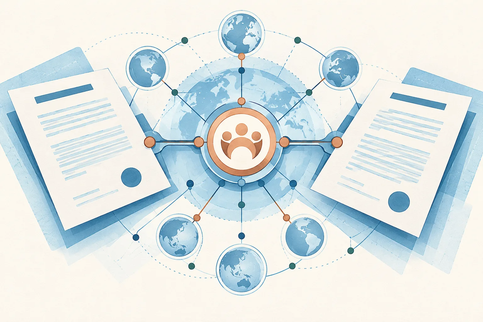 Two simple contract sheets connect through a central circular hub, with fine architectural lines branching into a small network on a cream background.
