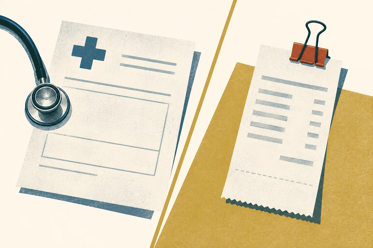Two unmarked paper forms sit apart on a cream surface, separated by a clean geometric line, with subtle printed texture and mineral-blue accents.