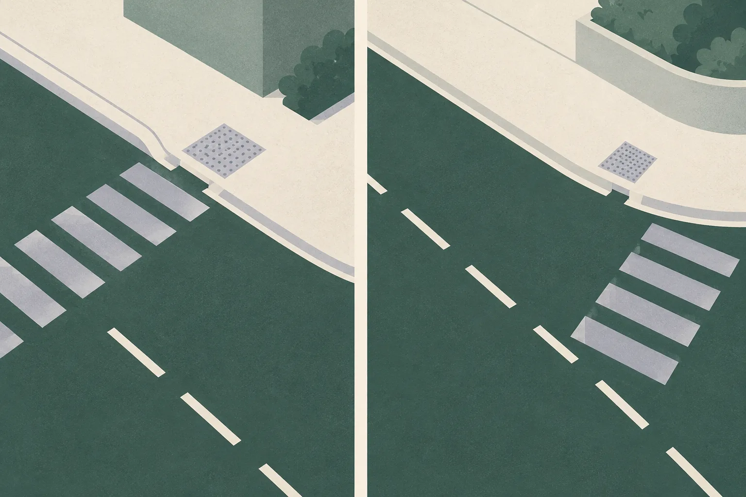 A sparse abstract diagram pairs two cream panels of muted road and pavement bands, marked by simple curb lines and small boundary interruptions.