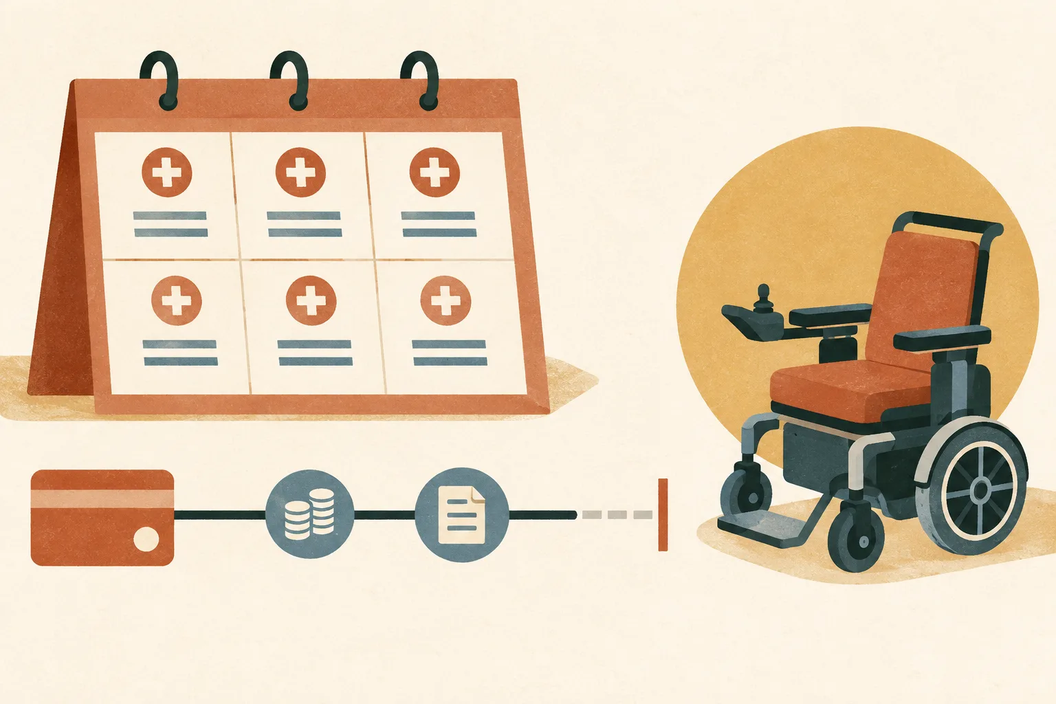 An abstract clinic appointment grid shows six reserved slots beside a small electric-wheelchair icon, with a payment line stopping short of the icon.