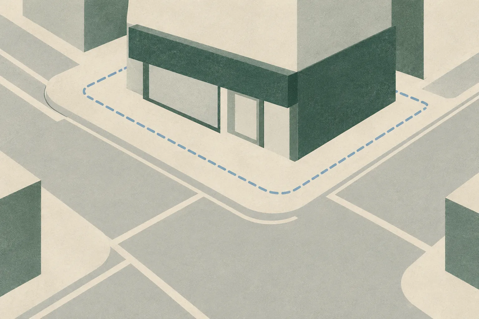 A sparse abstract street grid surrounds a plain storefront shape, with a muted green boundary line and several interrupted paths on a cream background.