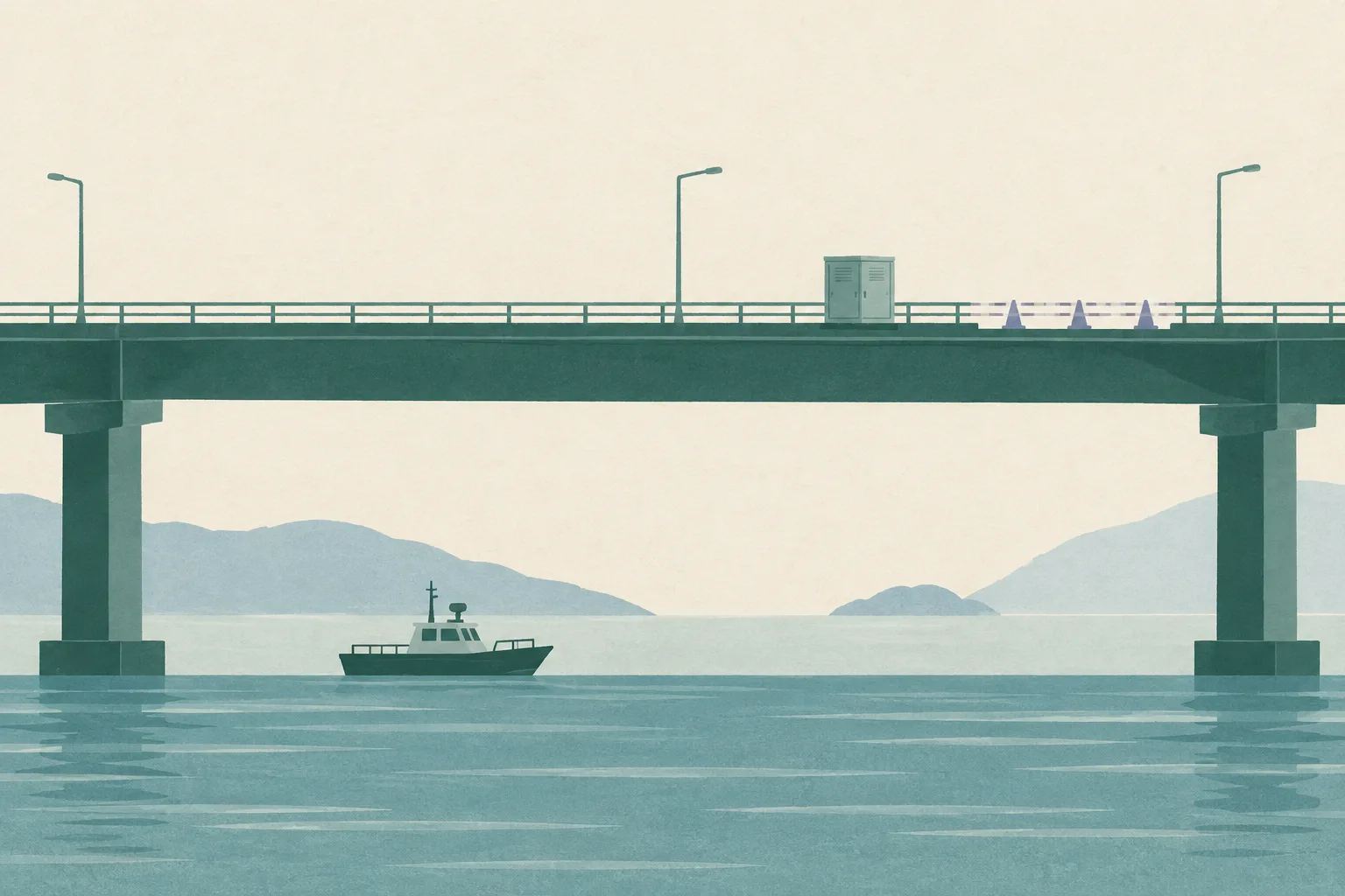 A simplified bridge span with a small cabinet on the deck, a boat shape below, and understated marks indicating a temporary lane closure.