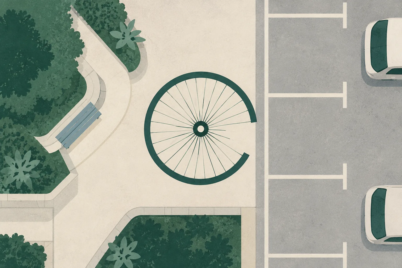 A sparse abstract plan of a podium garden beside a car-park surface, with an interrupted bicycle-wheel outline on a muted green and cream background.
