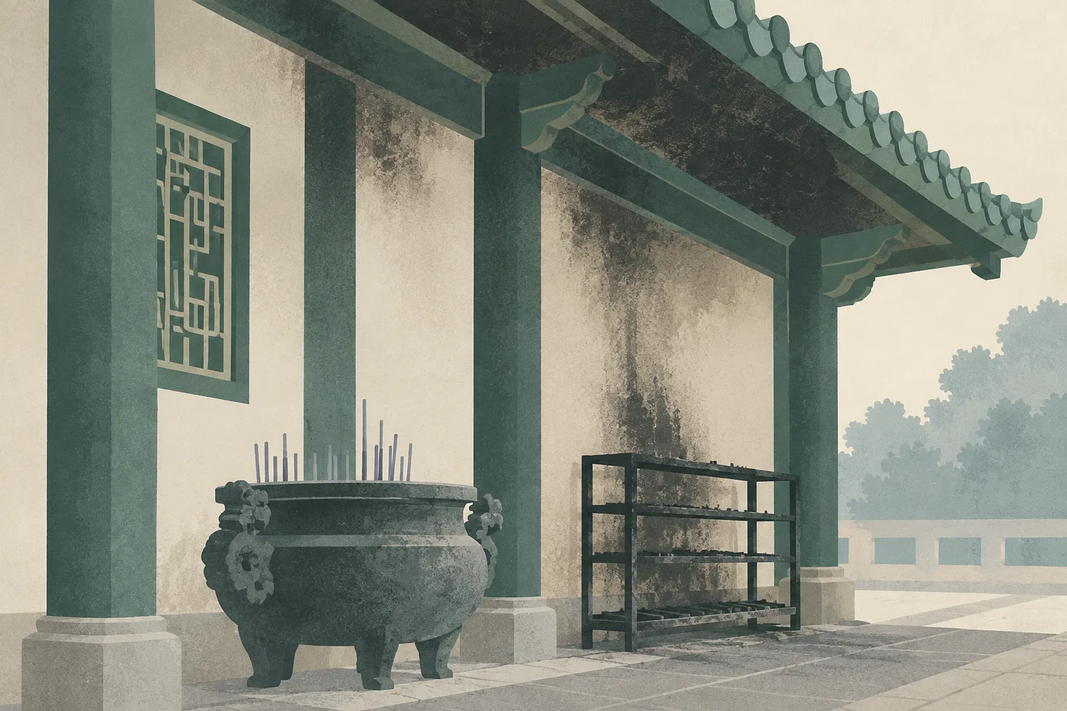 A quiet close view of a temple corridor edge and canopy with subdued soot marks and a blackened metal rack, rendered in muted green and cream.