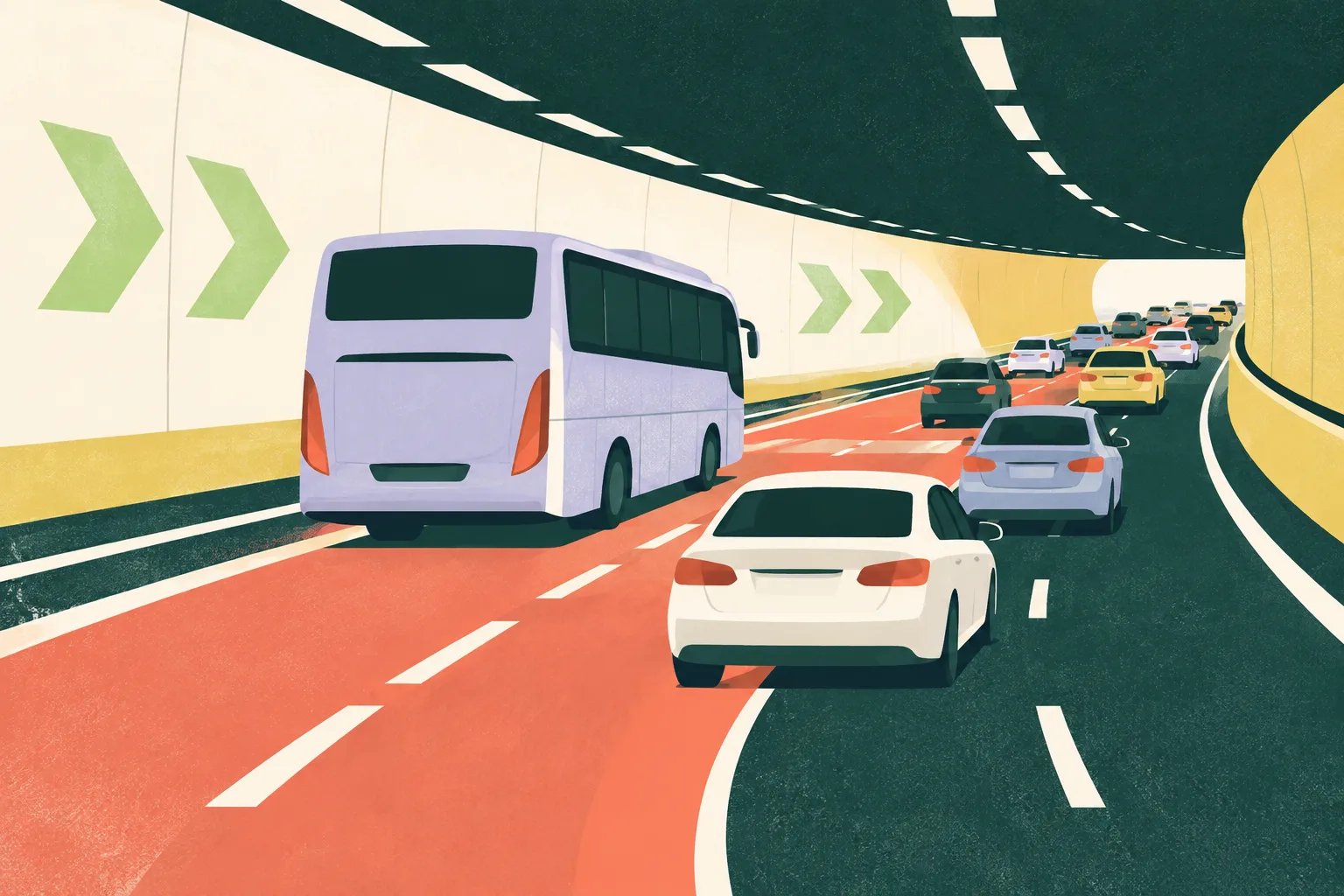 Abstract cream, coral, blue and ochre bands flow through a simplified tunnel-like space, with one lane band rejoining the others as smaller shapes spread apart.