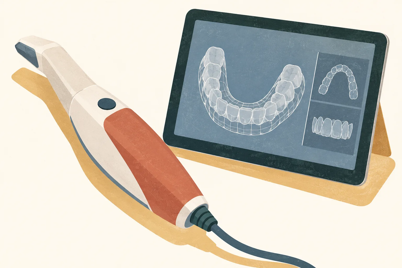 A handheld oral scanner rests beside a small screen showing abstract scan contours on a cream background, with muted ochre and slate-blue shapes.