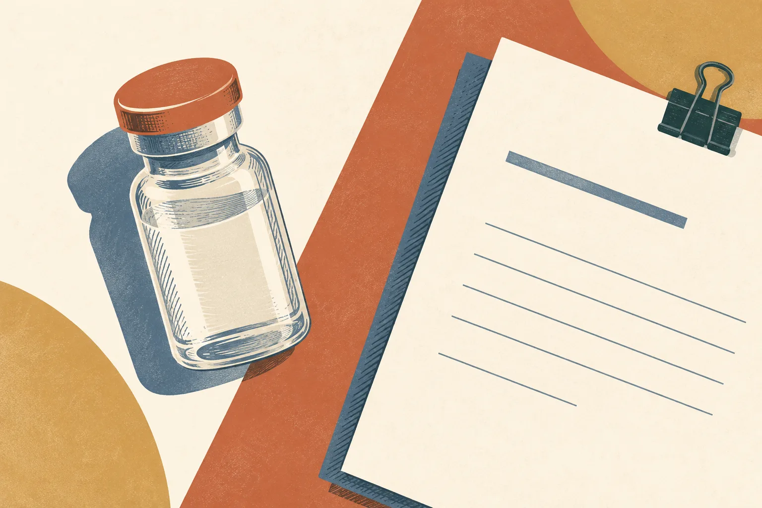 An unlabelled vial and a blank document sit on a cream surface, separated by a terracotta line and framed by layered ochre and slate-blue shapes.