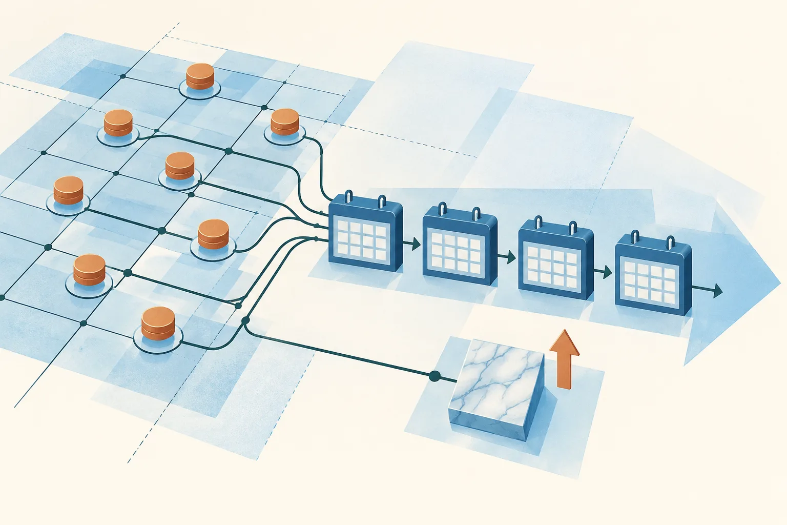 An abstract light-blue project grid connects uneven daily-pay markers to a regular sequence of monthly blocks, with one small marble-toned tile set apart.