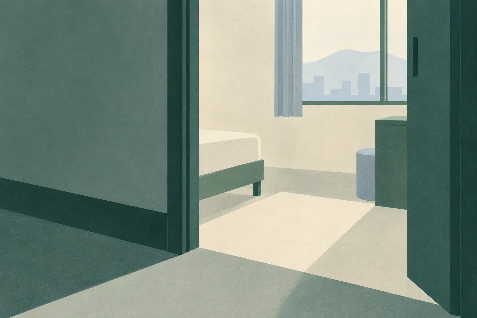 A sparse illustration of an empty, abstract room threshold in muted green and cream, with a small dusty teal plane and no people or identifying details.