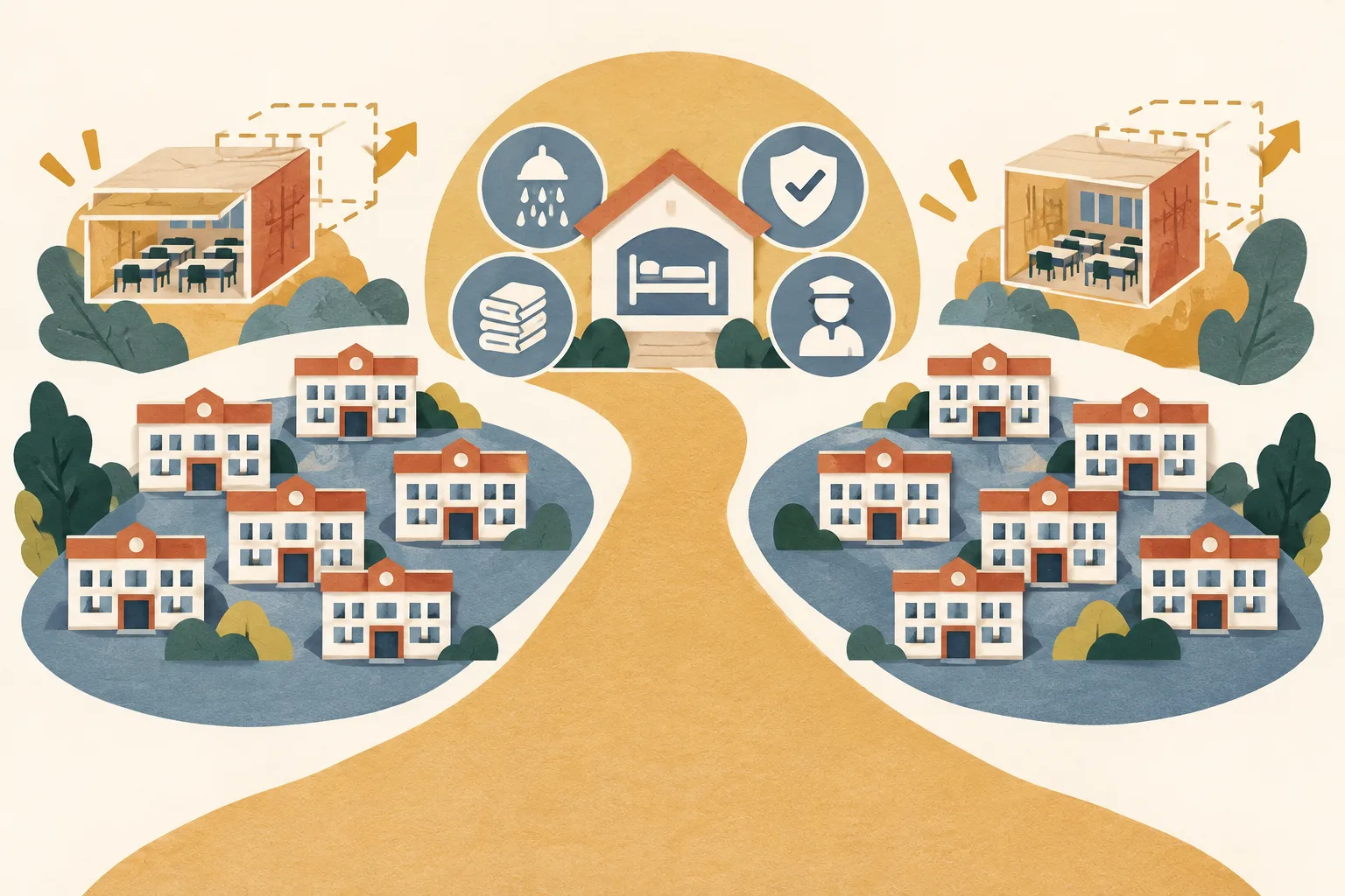 Two balanced groups of classroom-shaped tiles connect by a broad pathway to a cluster of simple accommodation-support symbols, set against a light cream ground.