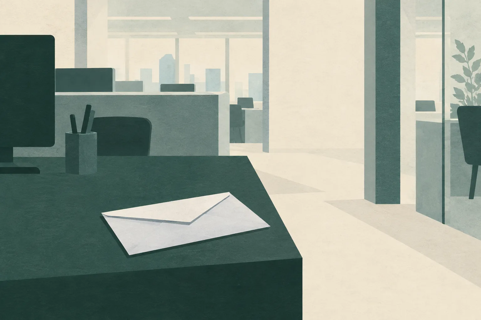 A plain envelope rests near the edge of a pale office desk shape, surrounded by open space and muted green architectural planes.