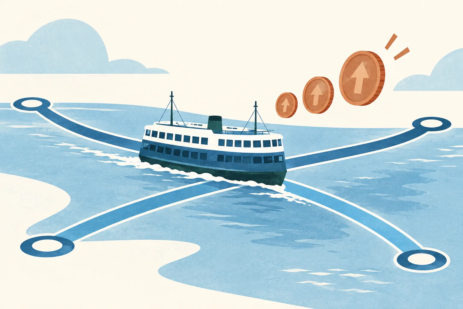 A simplified ferry crosses two sweeping blue harbour-route lines beside a small ascending sequence of fare discs on a cream background.