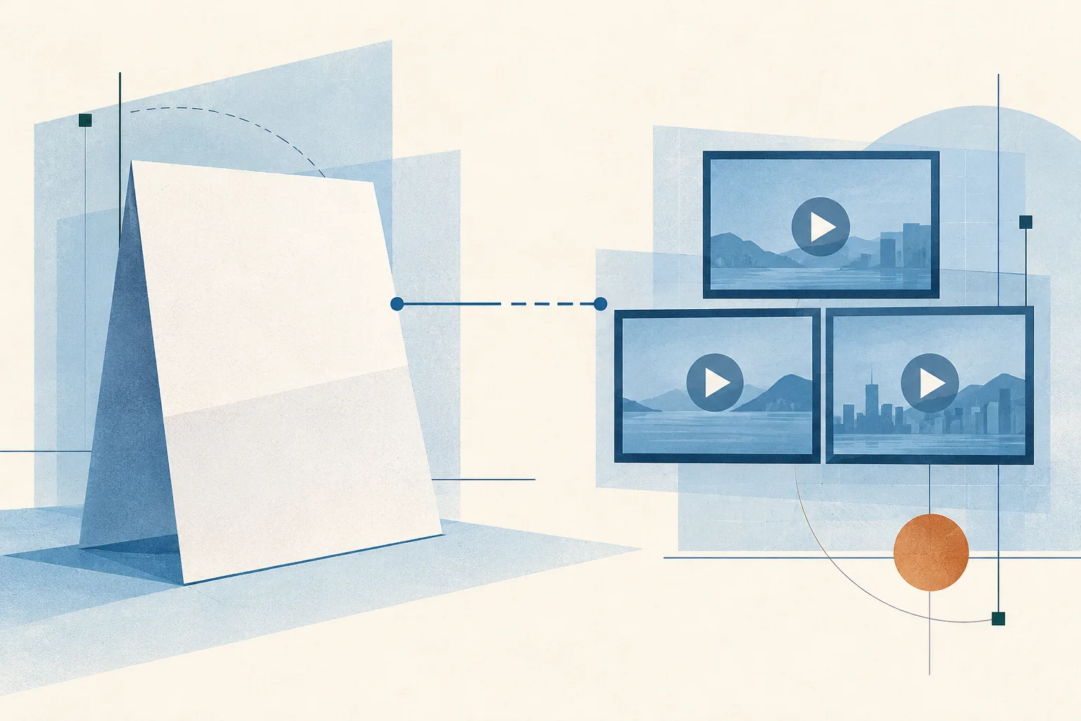 A blank folded notice sits beside several unlabelled video-screen tiles, separated by a thin blue line that stops short of connecting them.