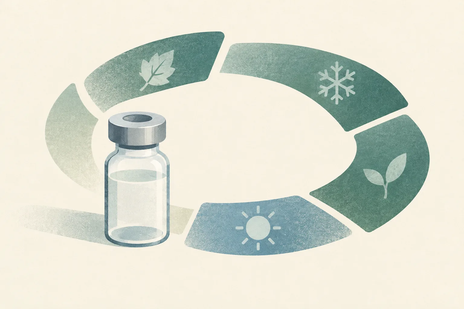 A small unlabelled vaccine vial sits beside an interrupted ring of soft green abstract shapes on a cream background.
