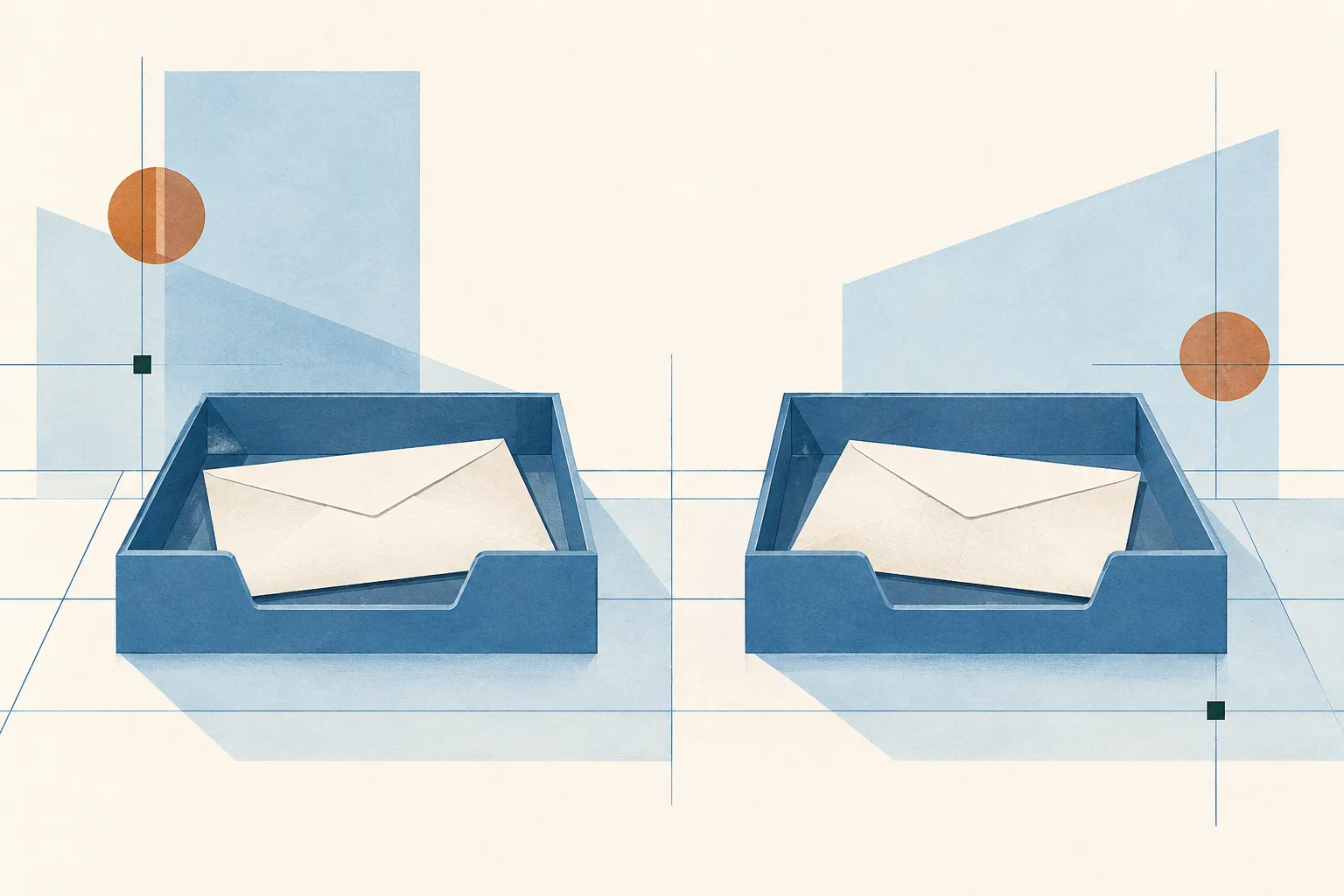 Two unmarked envelopes rest in separate mail trays on a pale blue architectural grid, with open space between them.