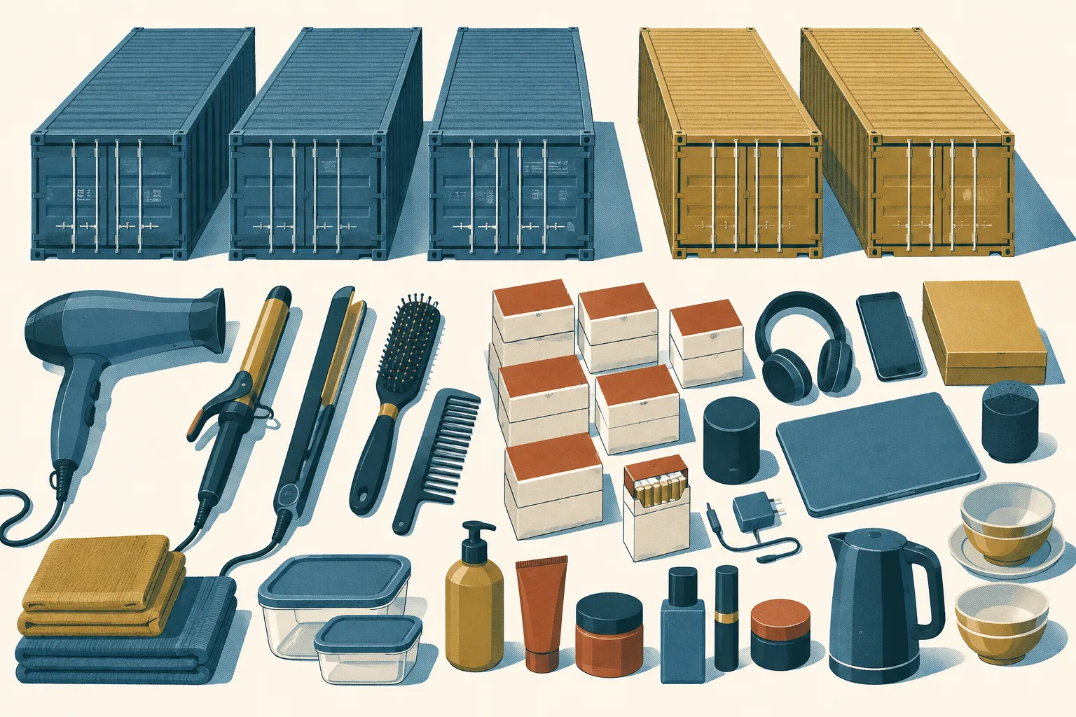 A top-down arrangement of plain cargo-container shapes beside unbranded personal-care appliances, household goods and cigarette cartons, illustrated in petrol blue, ochre and small rust accents on cream.