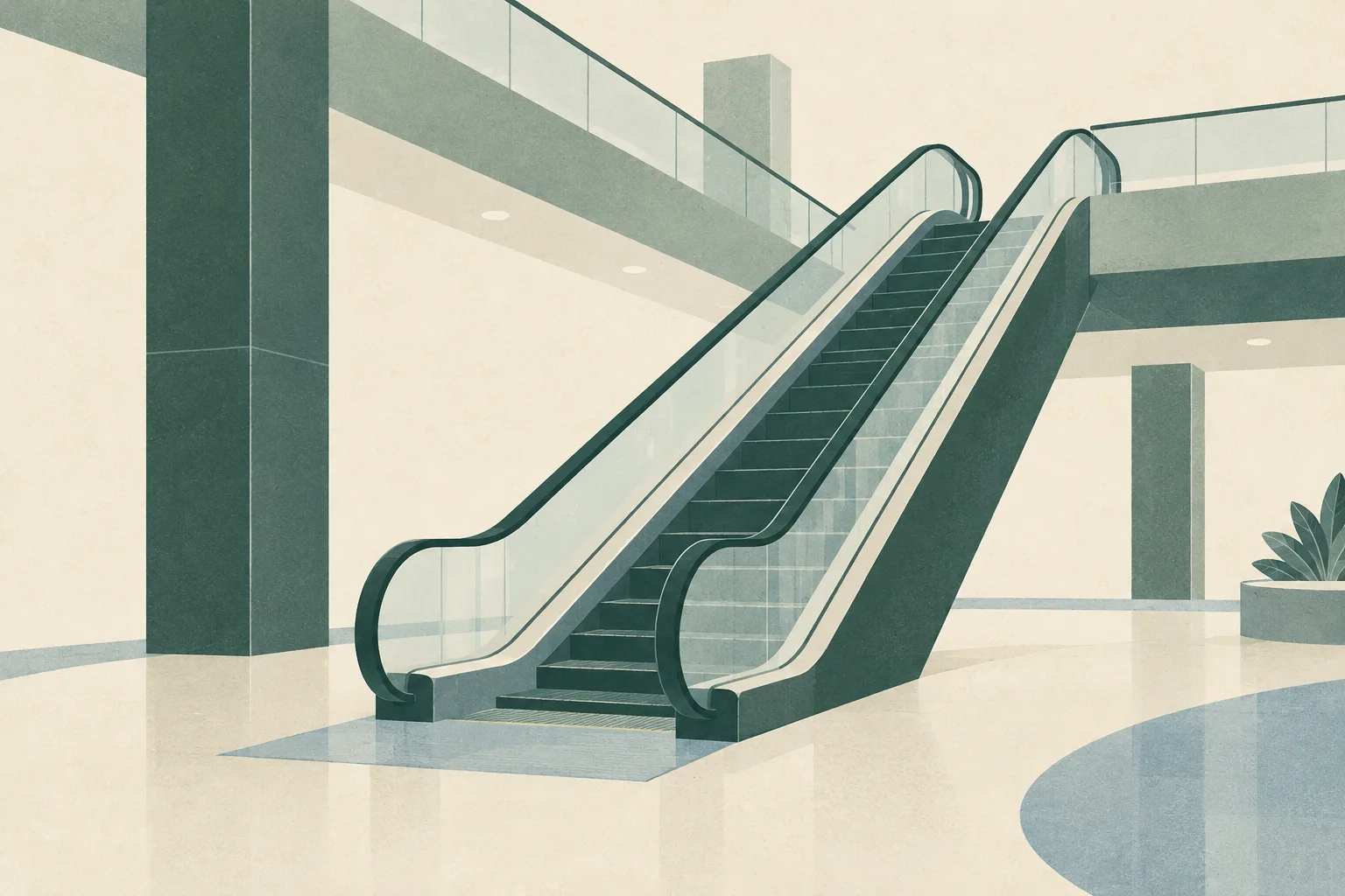 A simple empty escalator links two floor levels in a cream space, rendered in muted green and dusty teal.