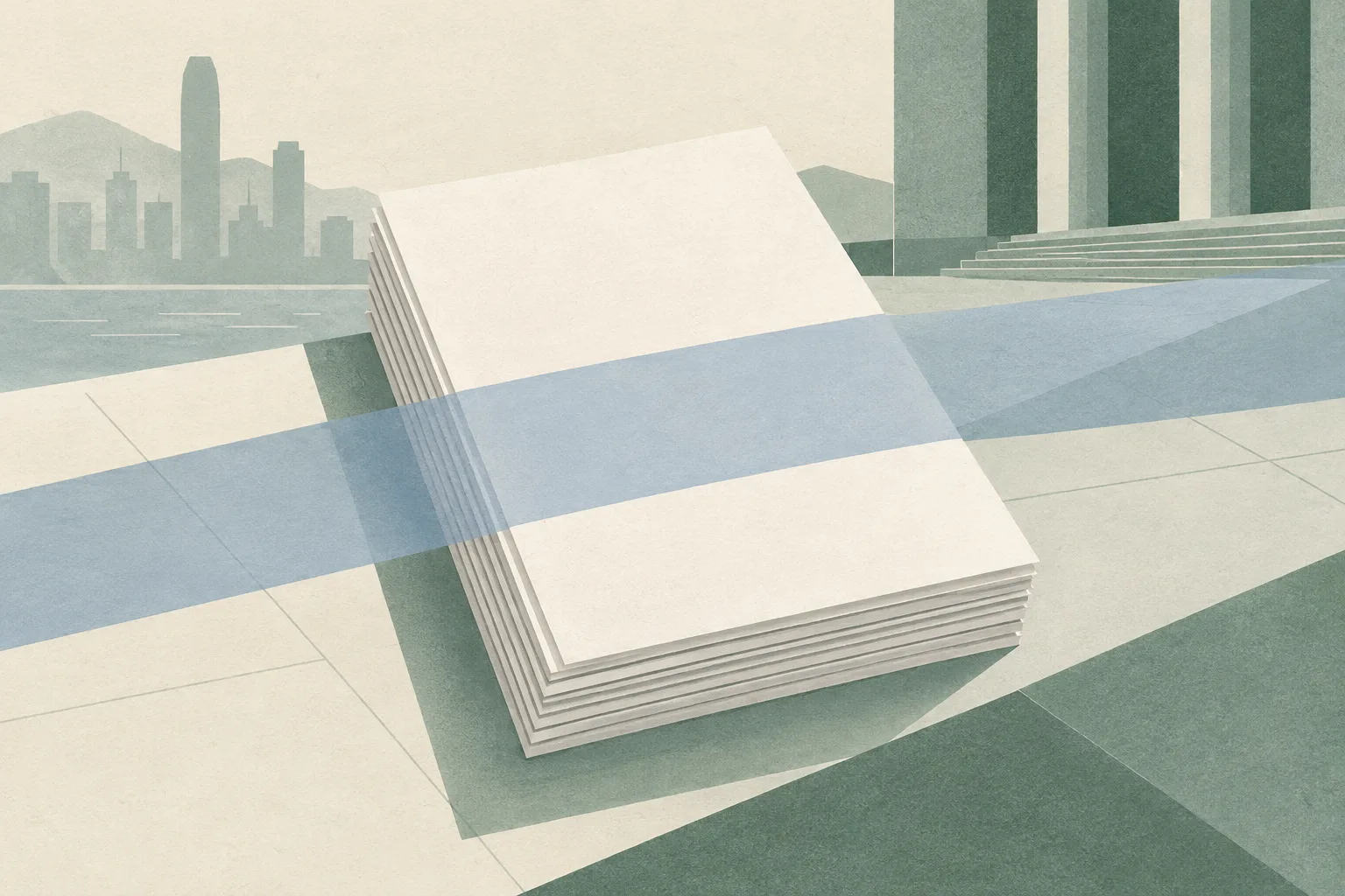 A closed stack of blank report pages sits within a simple abstract grid, partly crossed by a translucent band.