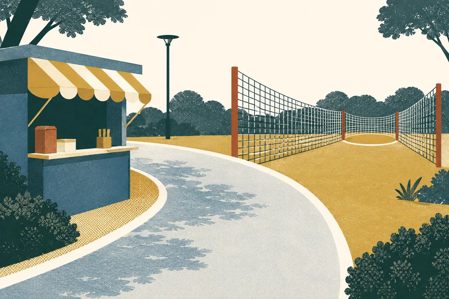 An abstract park plan shows a simple kiosk awning beside a path, with a net-like pattern narrowing an open area.