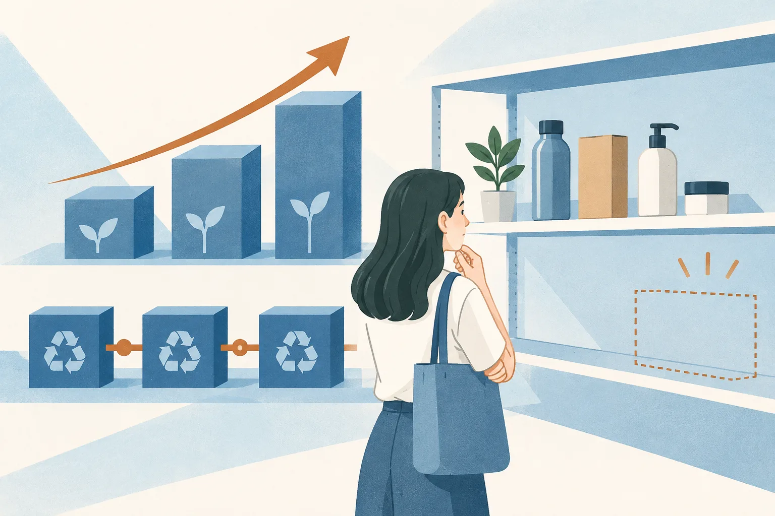 A light-blue abstract diagram pairs rising blocks with a level recycling loop, beside a simple shelf with a few generic product shapes and open space.