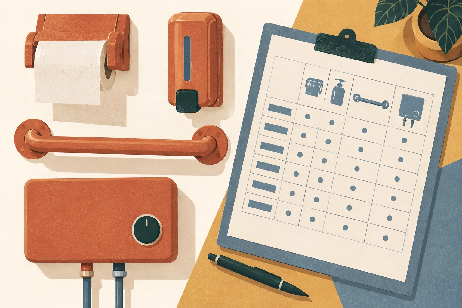 A top-down arrangement of simplified bathroom fittings beside a neat procurement review sheet, set on a cream background with terracotta, ochre and slate-blue shapes.