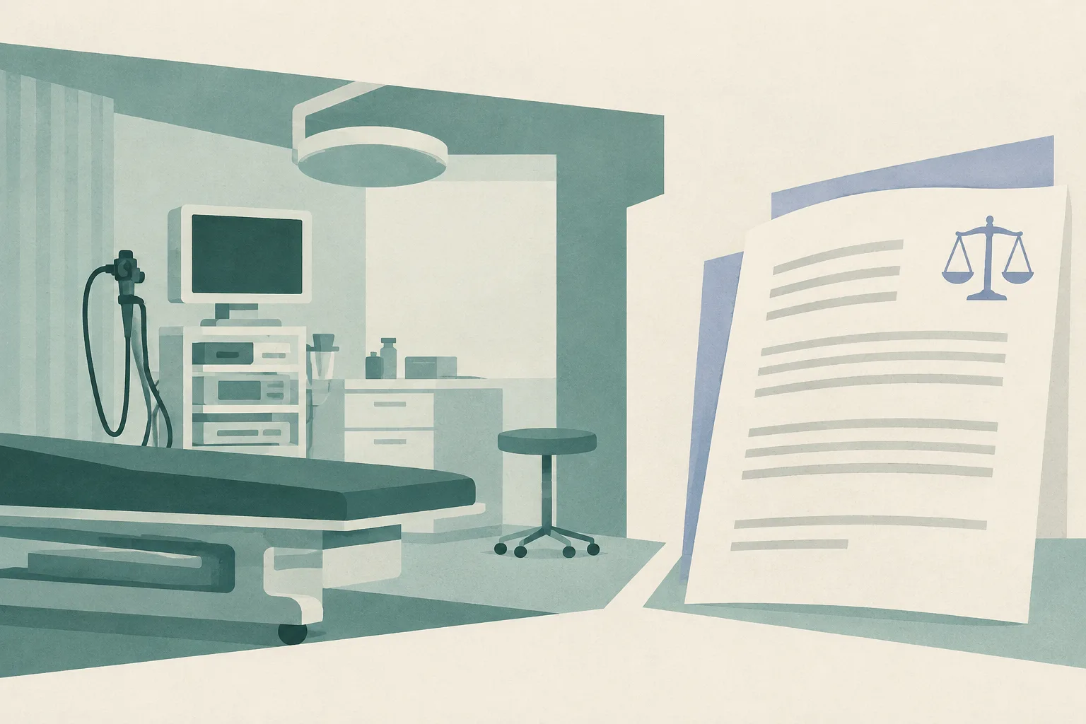 An abstract clinical-room outline and a separate open-edged hearing-paper shape sit on a cream field, with a small neutral monitoring display and no people or readings.
