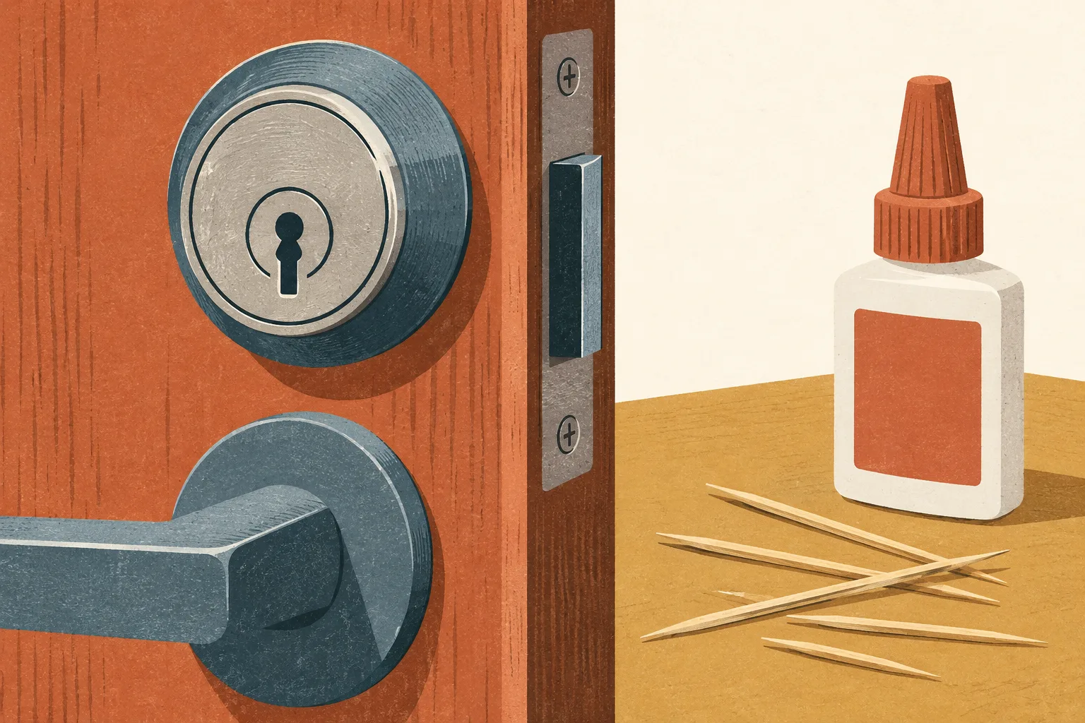 A close view of a generic residential door lock, with small glue and toothpick shapes set apart beside it on a cream background.