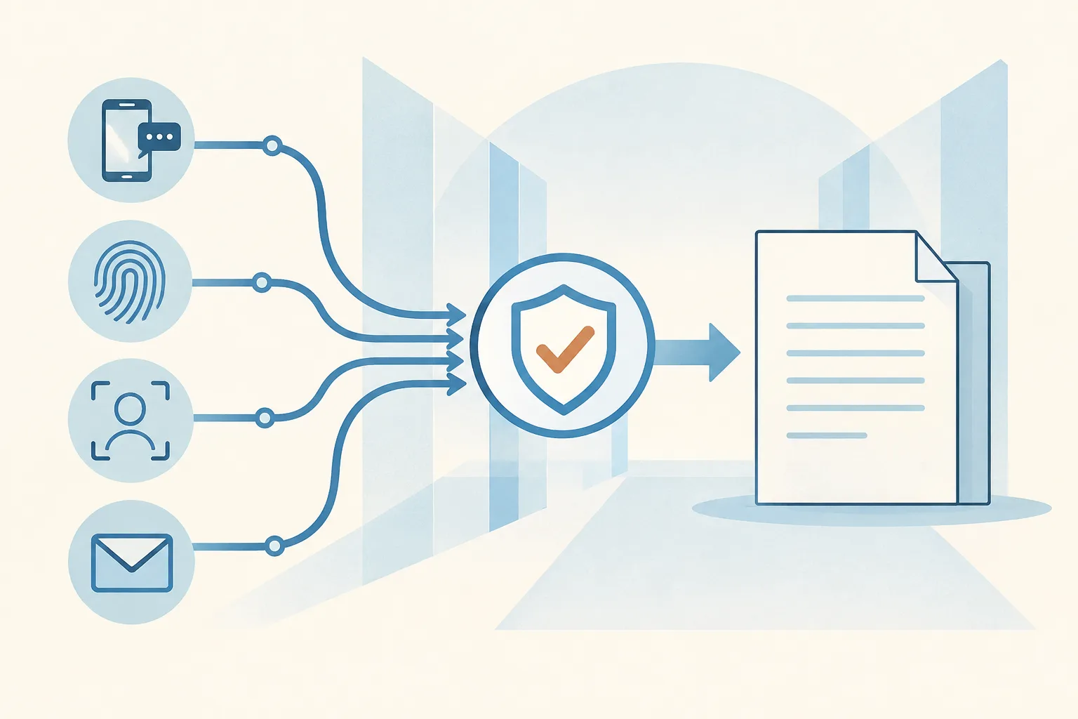 A light cream diagram shows several blue verification paths meeting at an open checkpoint beside a plain, unmarked document form, with a small copper accent.