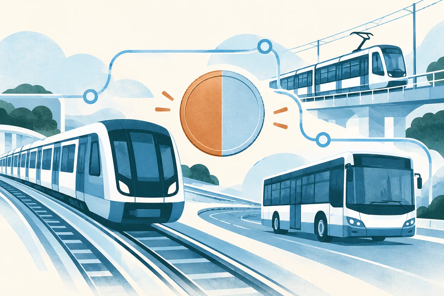 A generic light-rail vehicle, bus and railway tracks connect through blue route lines around a fare disc divided into two halves, set against a cream background.