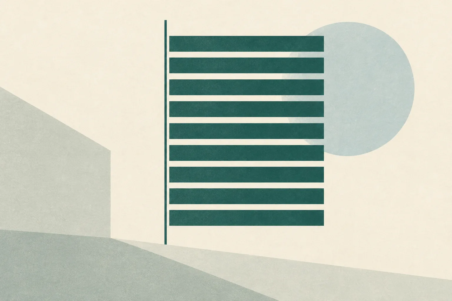 Ten muted teal horizontal bars sit beside a fine vertical line on a pale cream background.
