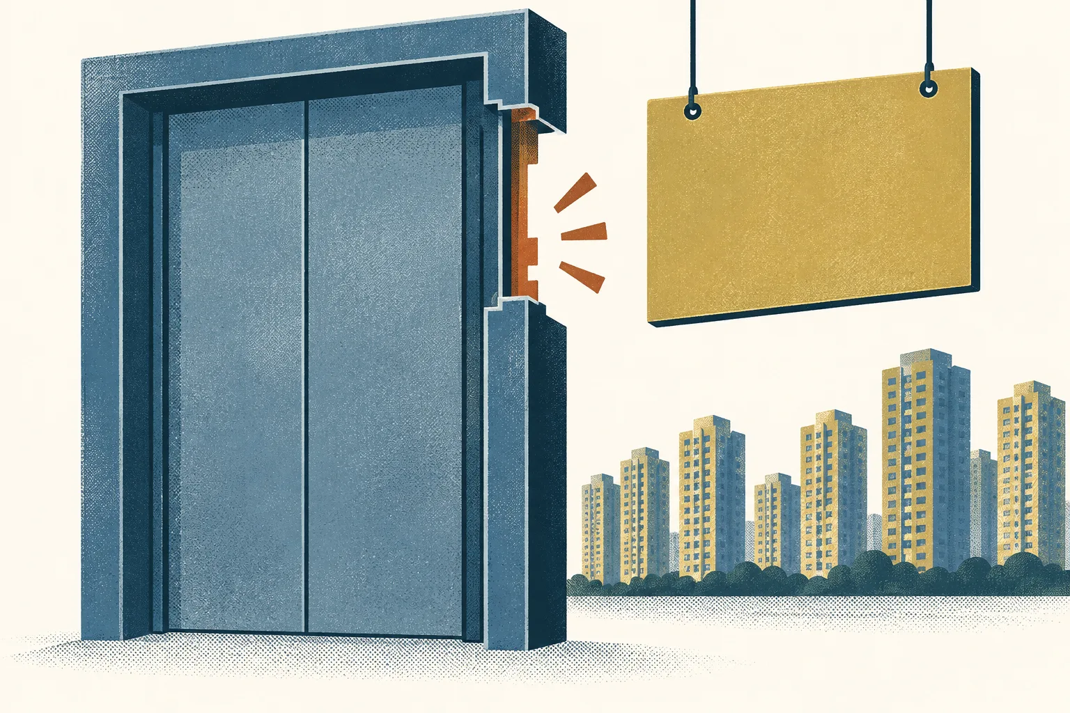An abstract lift-door frame diagram with a gap beside a separate blank rating panel, with a small cluster of simple building shapes in petrol blue, ochre and cream.