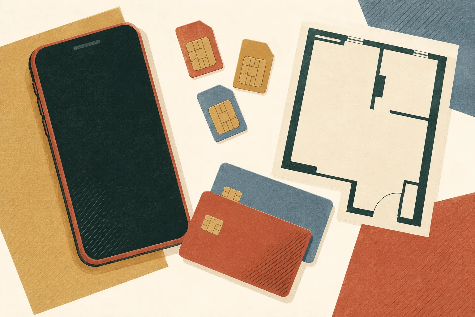 A generic phone and several blank card shapes sit beside a simple abstract floor-plan outline on a cream ground, in layered terracotta, ochre and slate blue.
