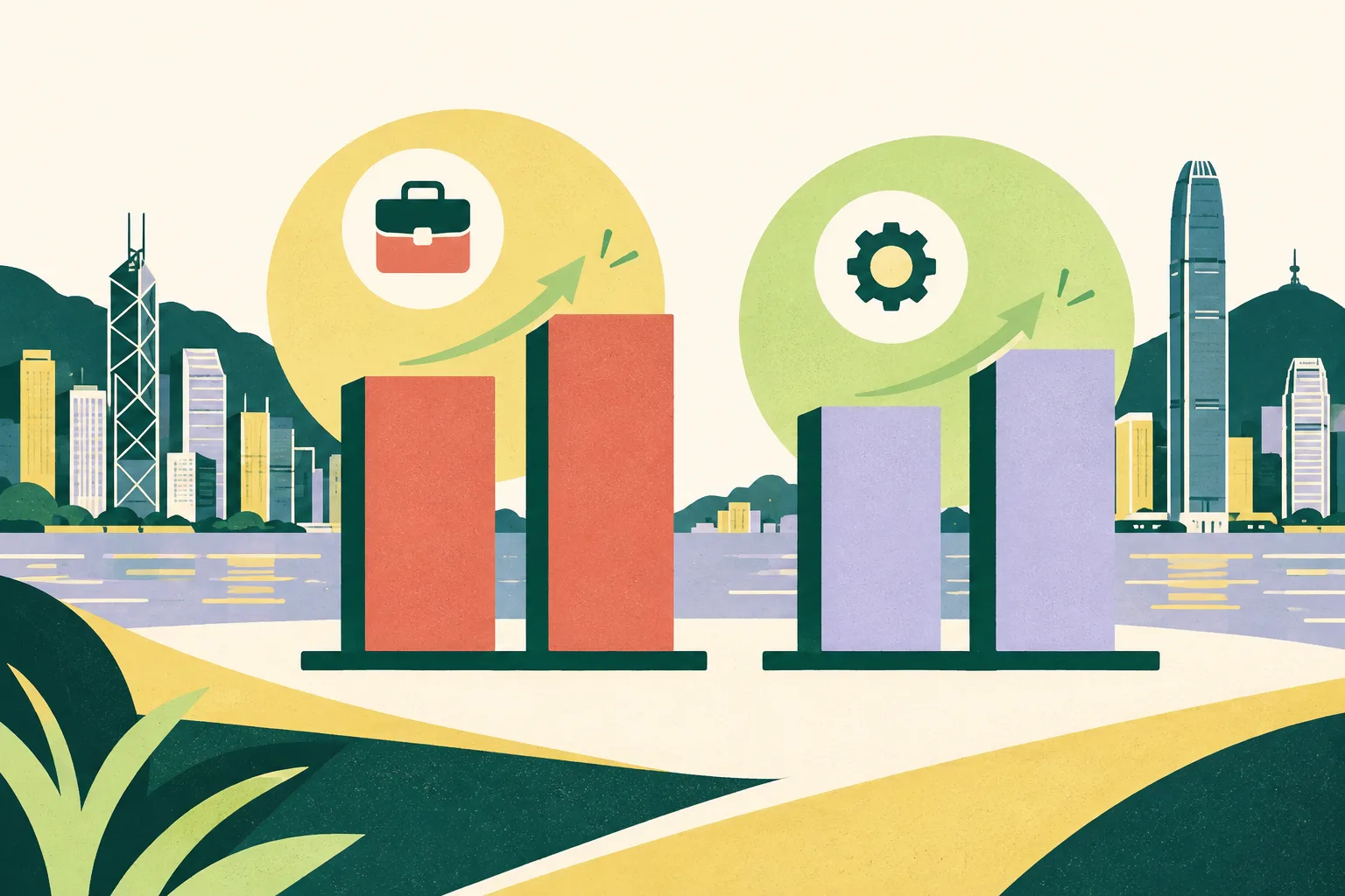 Two pairs of geometric bars rise slightly against a light background, forming a clear and balanced abstract statistics graphic.