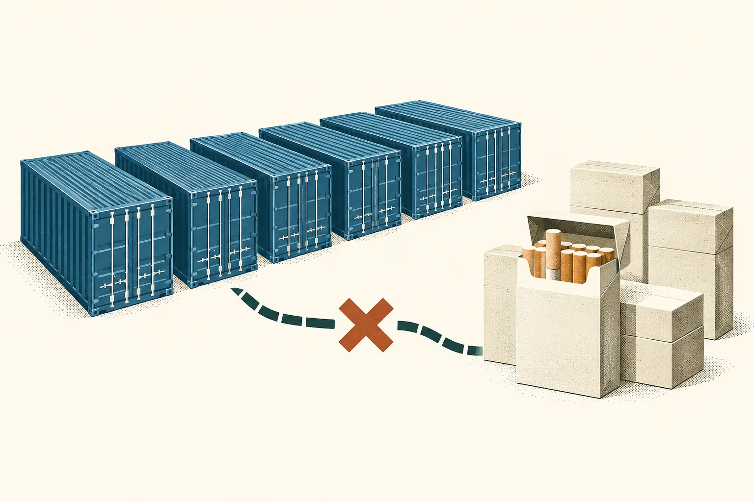 Five simplified blue container bars sit beside a small cluster of plain cigarette-pack shapes, crossed by an abstract interrupted line on a cream background.