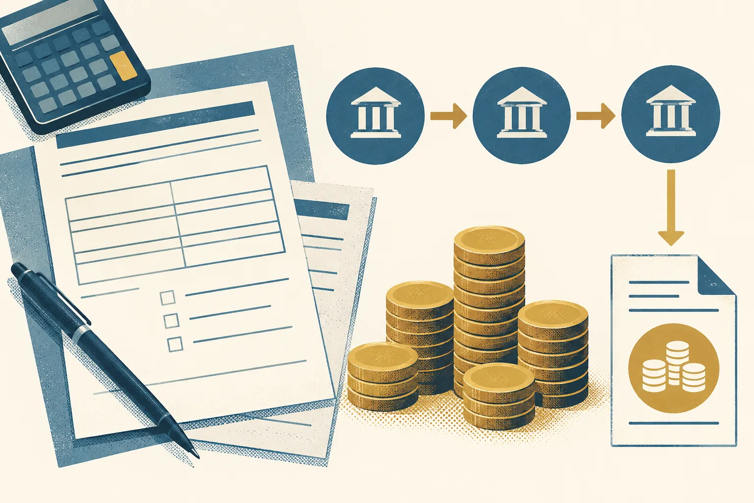 Unmarked account forms and a simple fund-transfer diagram arranged on a cream surface, in petrol blue with small ochre and rust accents.