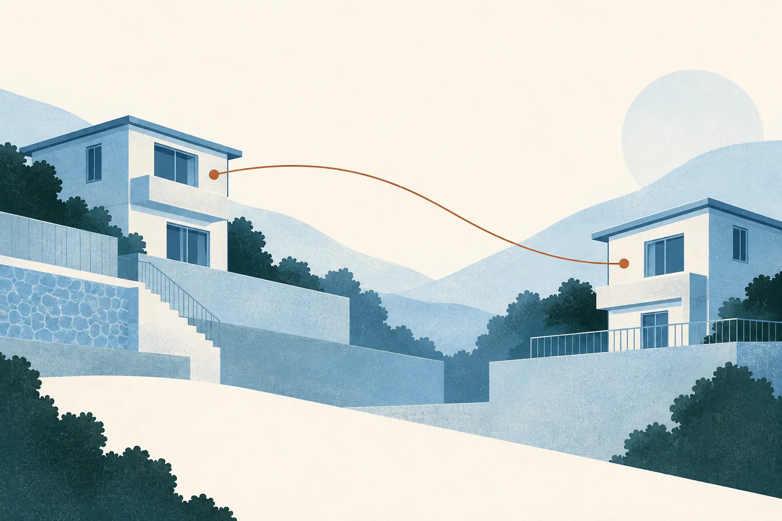 Two simple village-house forms sit apart on a light cream field, joined by a fine blue line with small copper details.