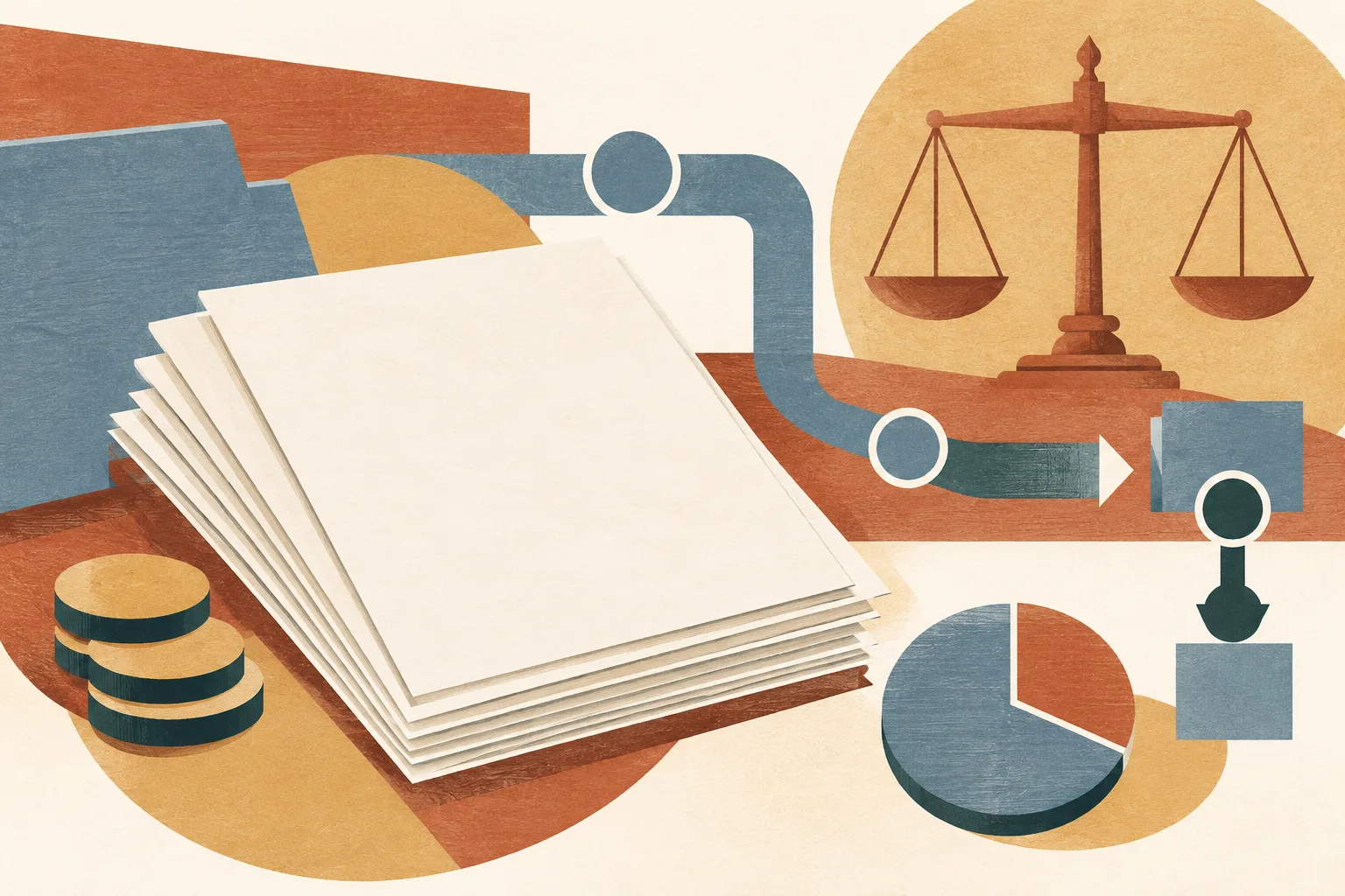 An overhead arrangement of blank paper sheets with terracotta, ochre, cream, and slate-blue geometric bands suggesting a financial document process.