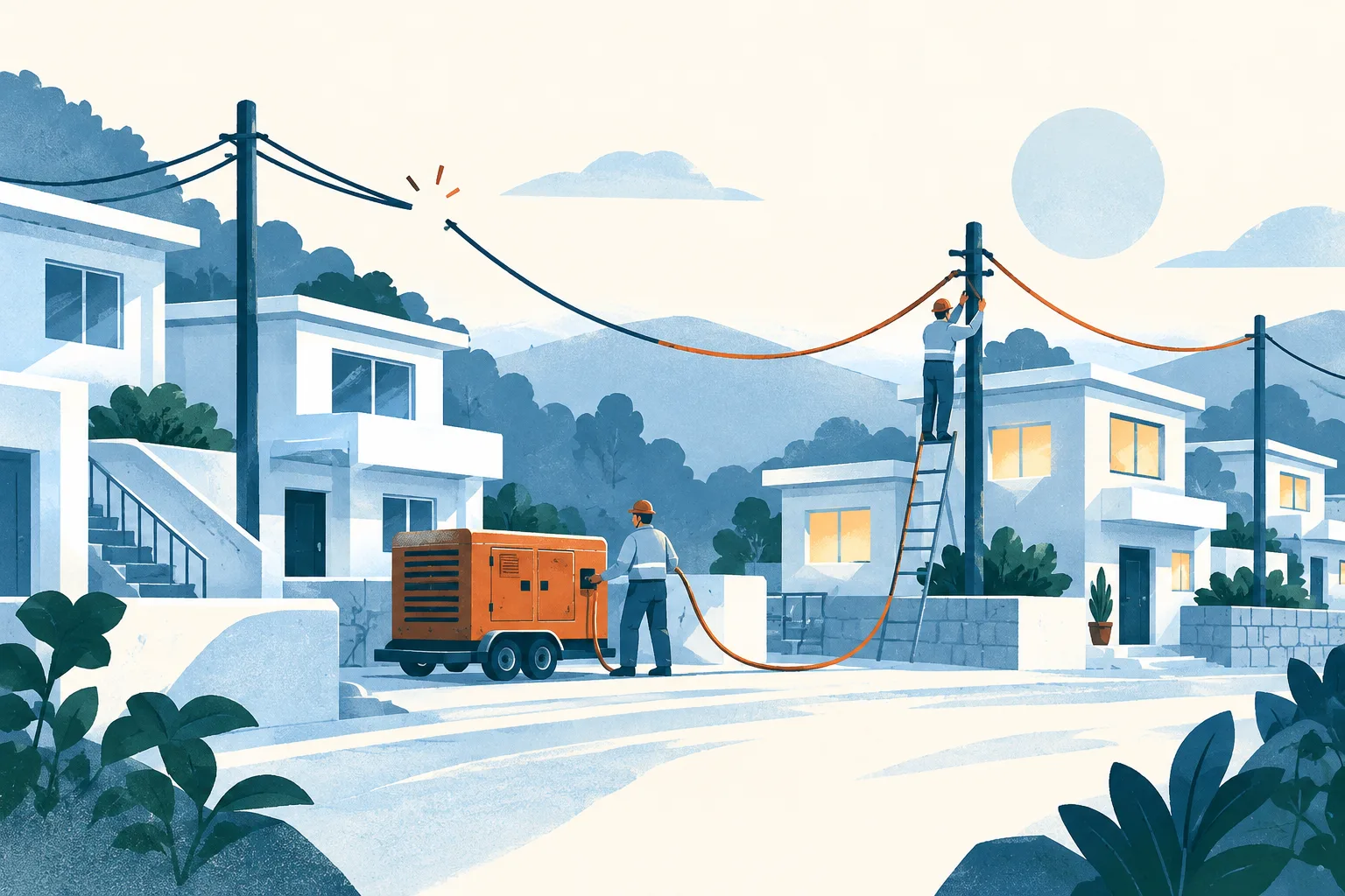 A generic cluster of village houses linked by blue cable lines, with a temporary line bridging a gap and continuing through the composition.