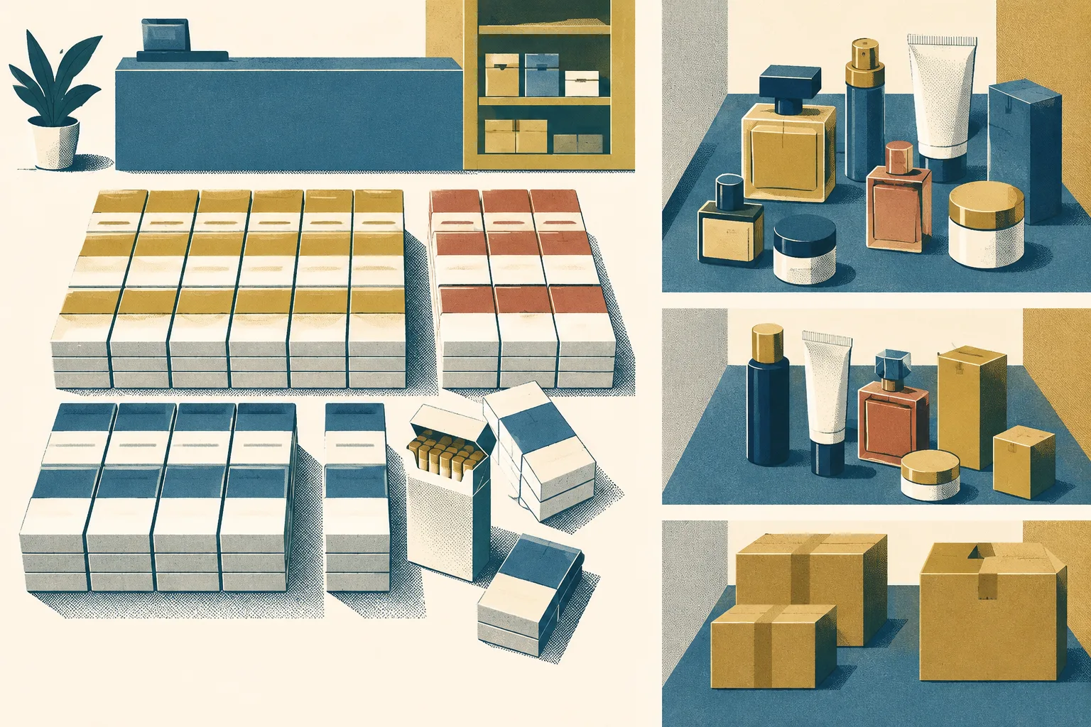 A top-down arrangement of generic cigarette packs, unbranded perfume and beauty containers, and simple adjoining rectangular planes on a light ground.