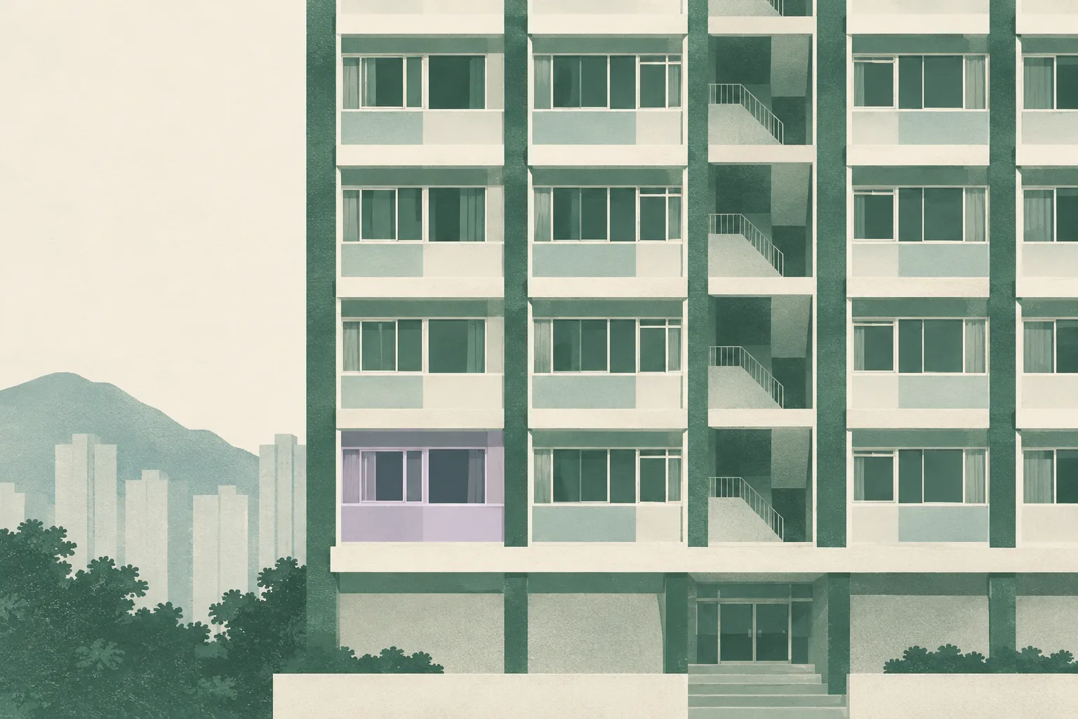 A simplified apartment-block elevation on a cream field, with one first-floor panel subtly separated from the surrounding shapes.