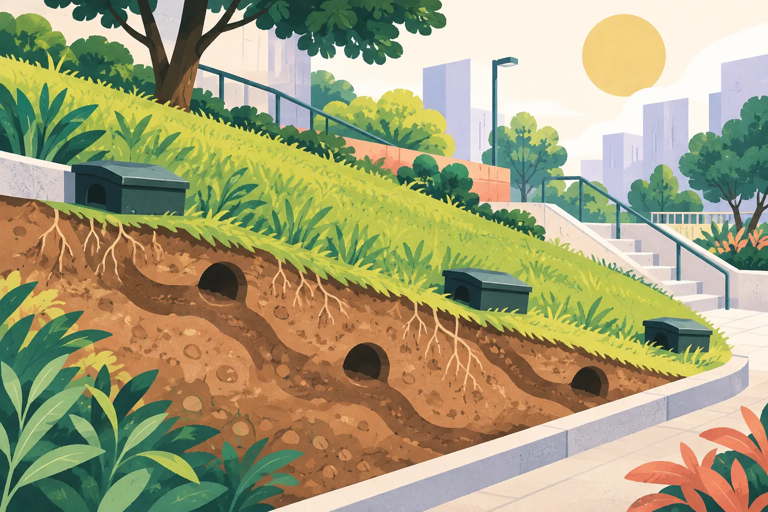 A cut-paper view of a grassy urban slope shows several small burrow openings and a few pest-control boxes arranged along the edge.