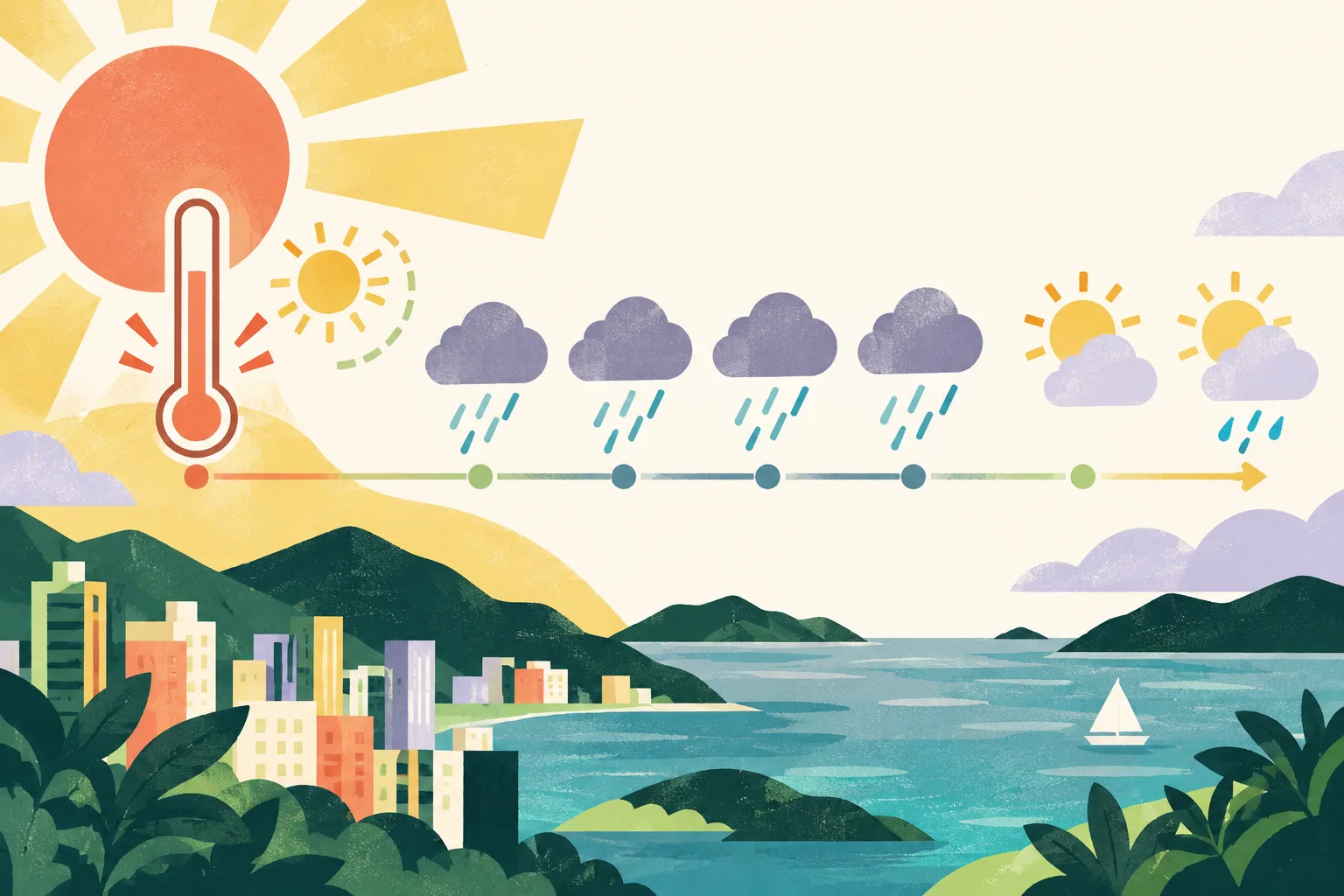 A geometric forecast sequence shows a bright sun and warm temperature marker leading to four rain-cloud symbols, then to a sun-and-shower symbol.
