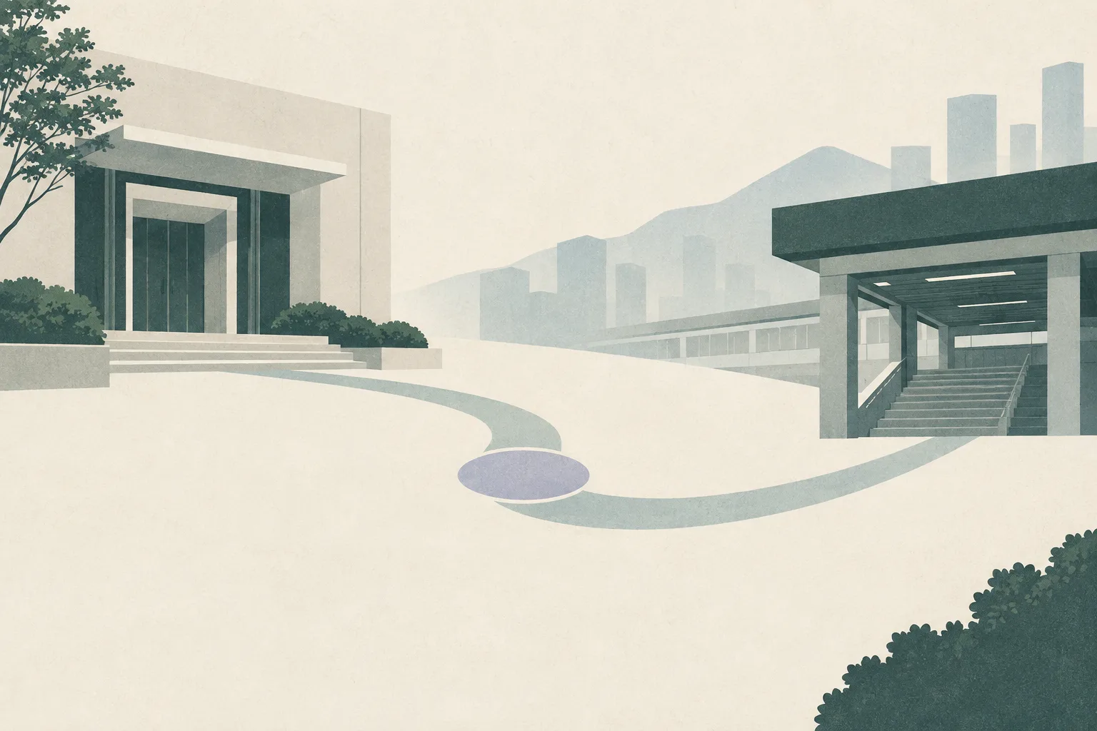 A muted green and cream architectural collage shows two simple, unlabelled thresholds joined by a short path, with a quiet pause between them.