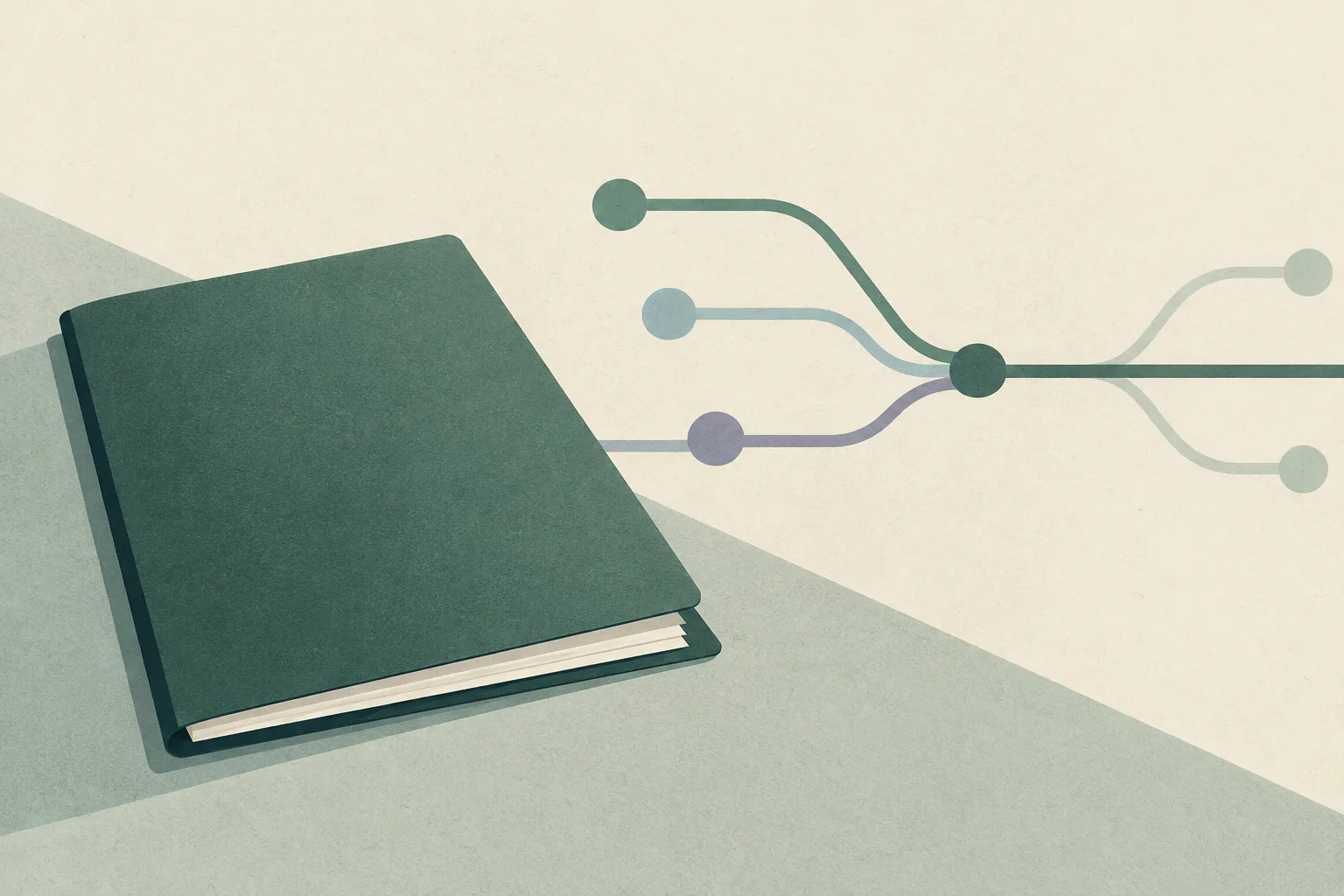 An unmarked cream folio sits beside a sparse network of muted teal lines that branch and reconnect on a pale ground.