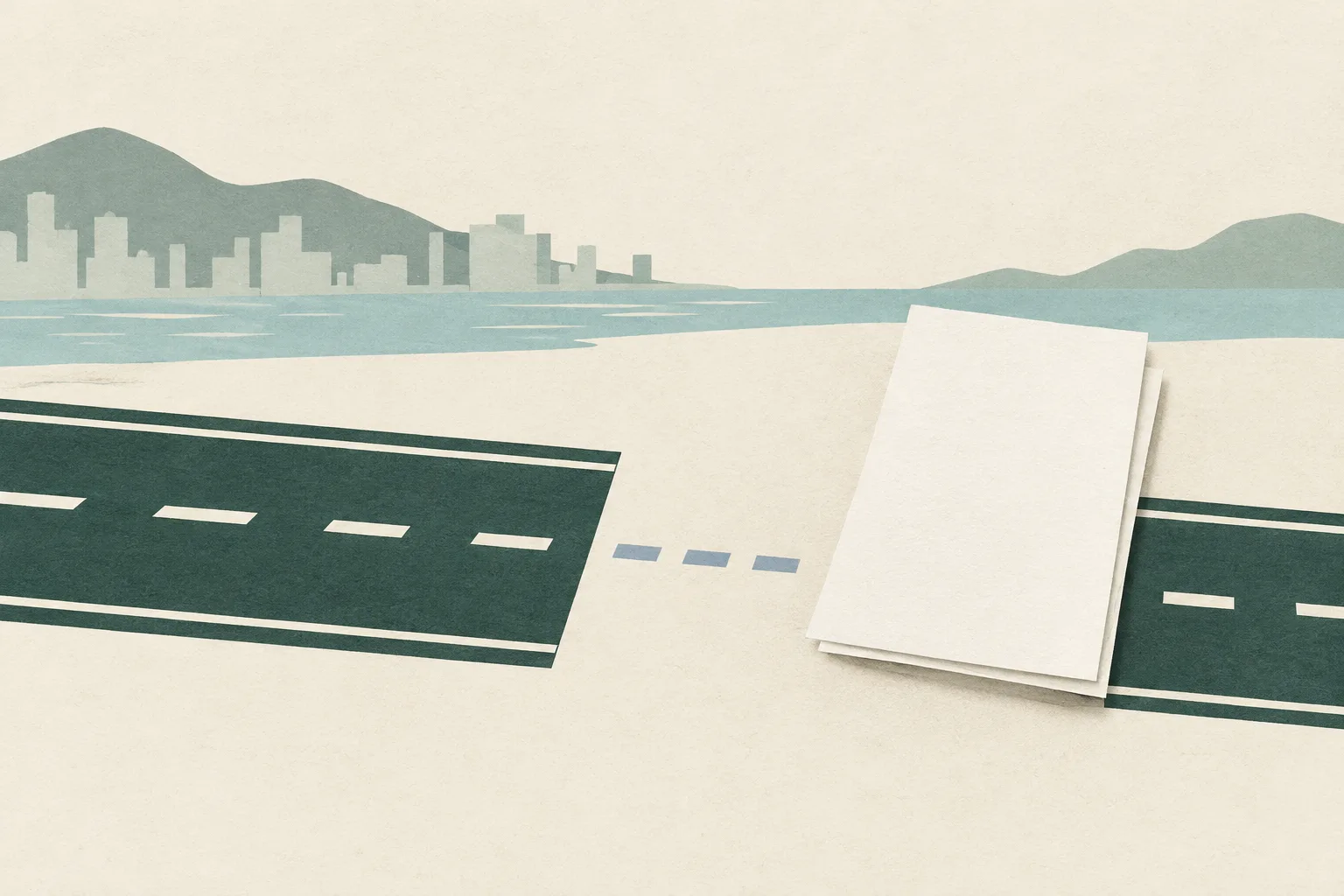 Muted parallel road lines end at a small blank gap beside an unmarked sheet on a pale ground.