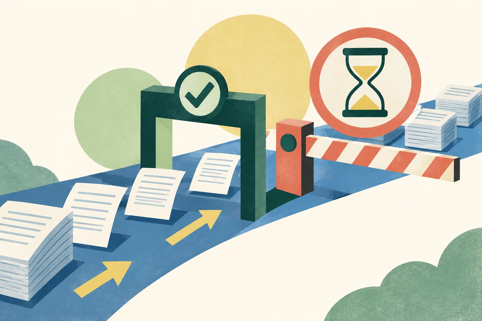 Blank application sheets move through an abstract local-worker priority checkpoint before reaching a two-year pause bar.