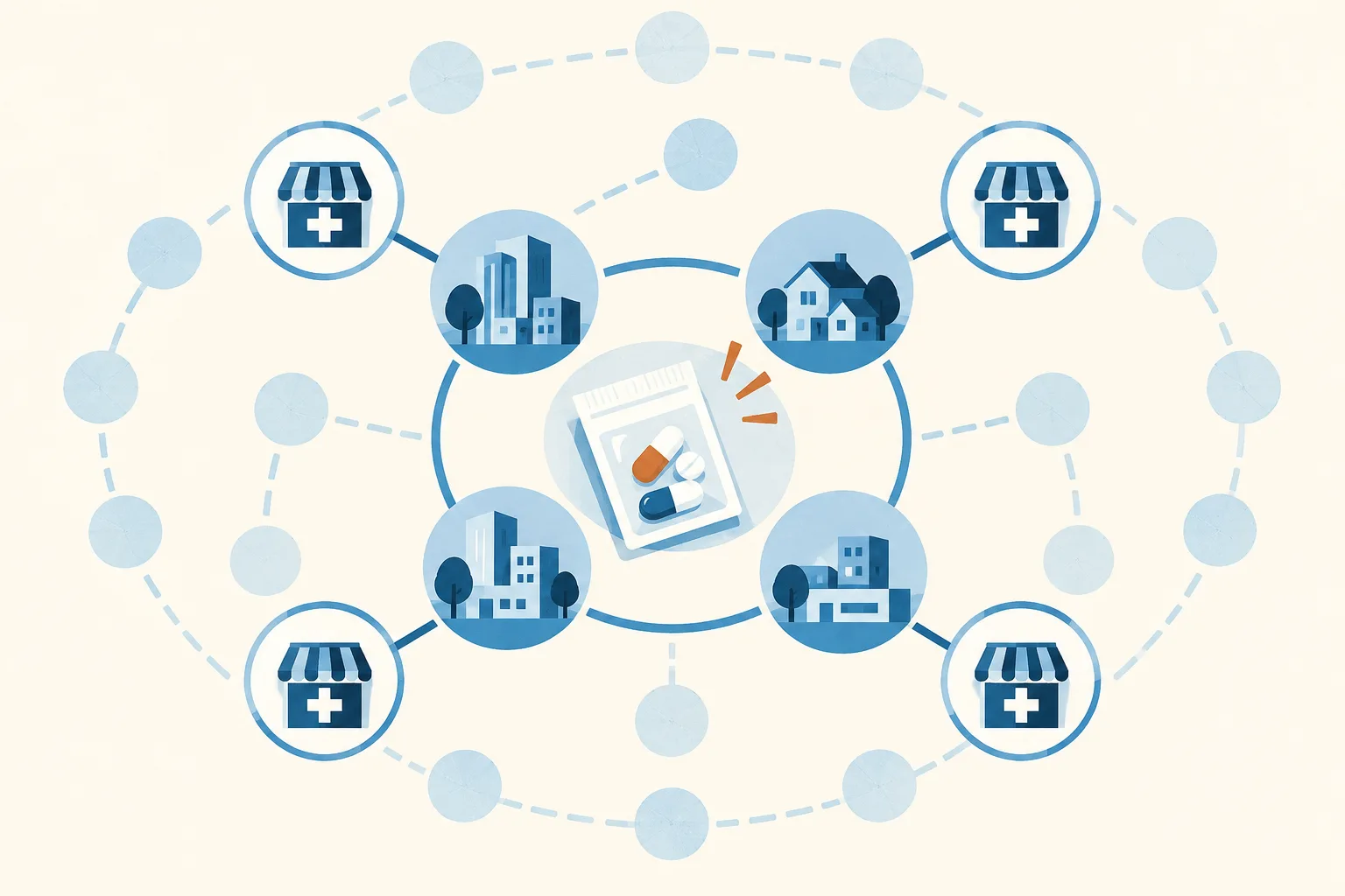 An abstract network diagram connects four district nodes to generic pharmacy symbols, with a small medicine packet and a faint outer ring of additional nodes.