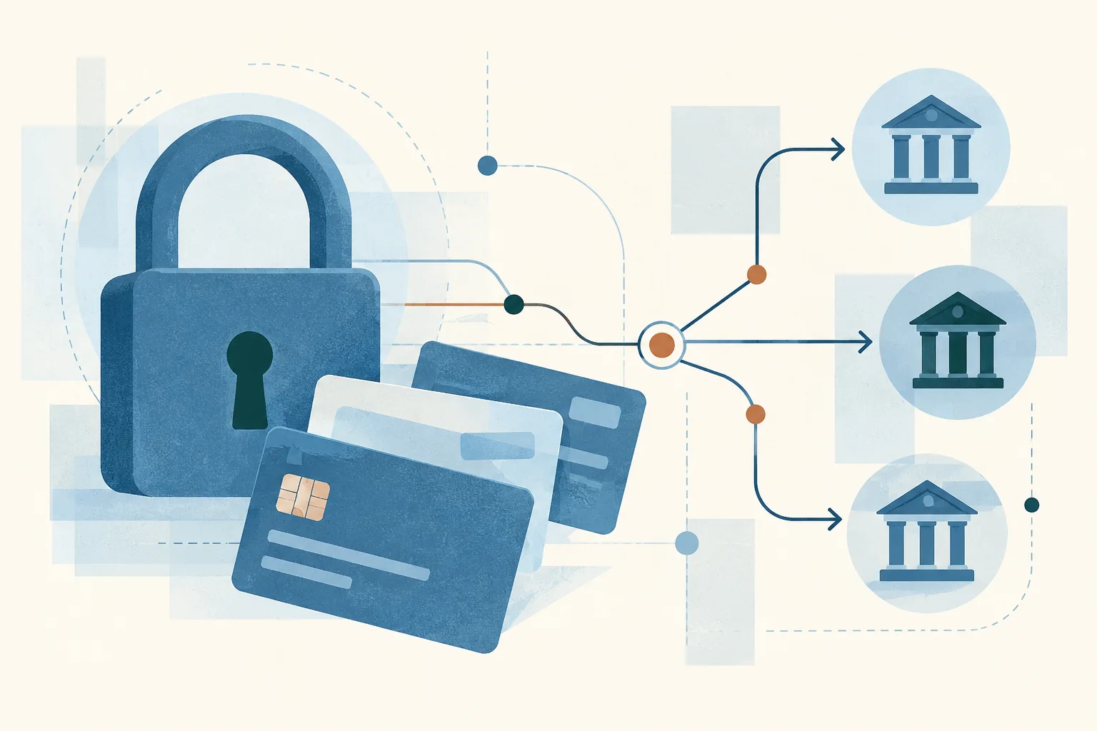 An abstract diagram on a light ground links a simple lock shape, generic payment cards and branching account lines in mineral blue with small copper accents.