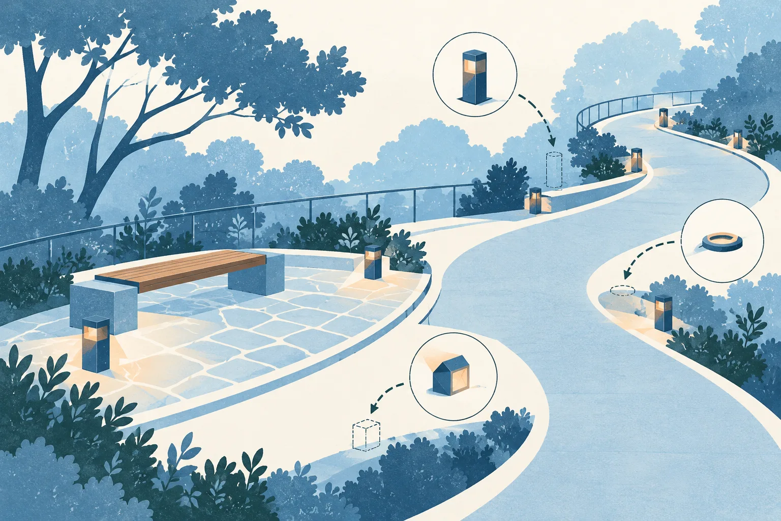 An abstract cream-and-blue plan shows a winding walking path beside a simple seating area, with small light markers and dotted alternative positions.