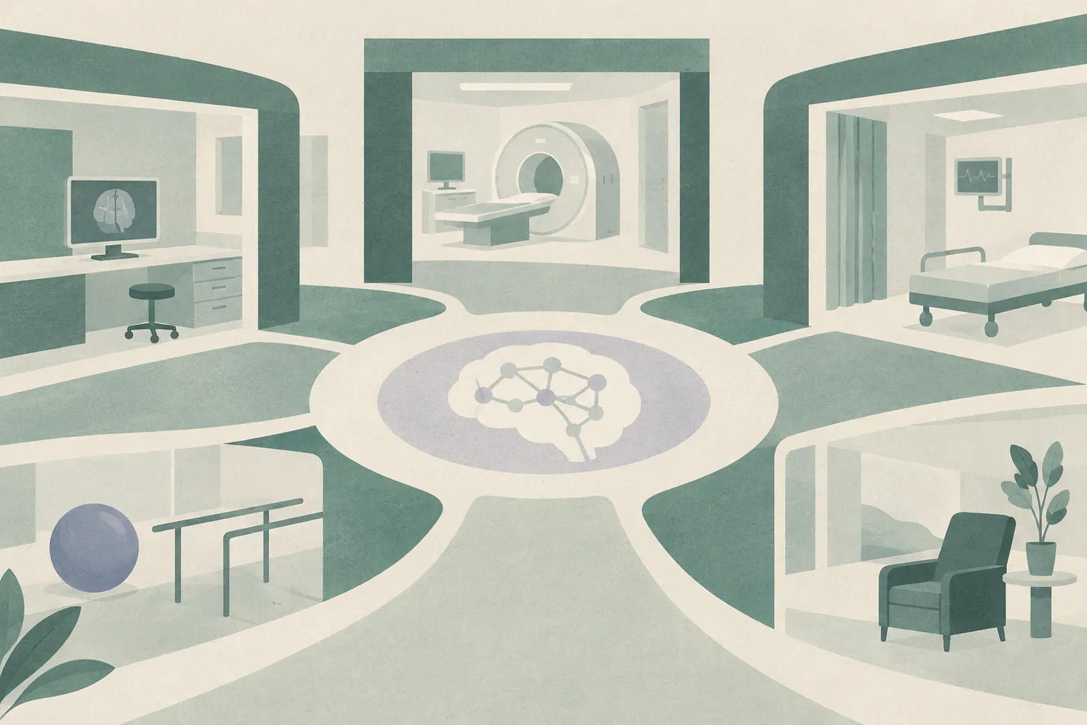 Soft teal and cream geometric zones connect across a single abstract level, suggesting neurological care gathered in one place.